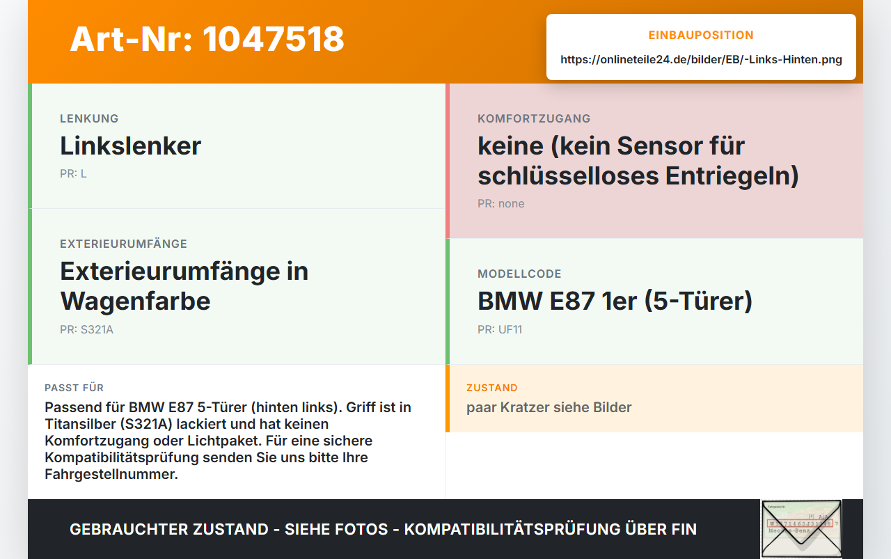 BMW E87 1er 116i 04-07 5T Türgriff Griff aussen Links Hinten 354 BMW E87 1er 116i 04-07 28.09.2005 7207529... Vorschau 3