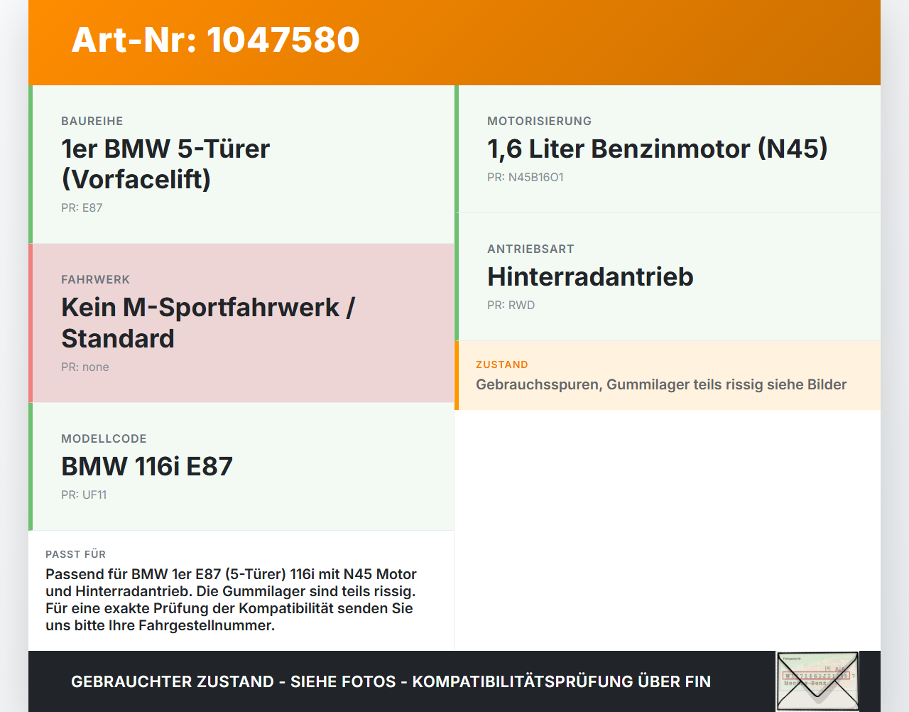 BMW E87 1er 116i 04-07 5T Hinterachse Achse Achsträger BMW E87 1er 116i 04-07 28.09.2005 6783713 33316783713 gebraucht Vorschau 3