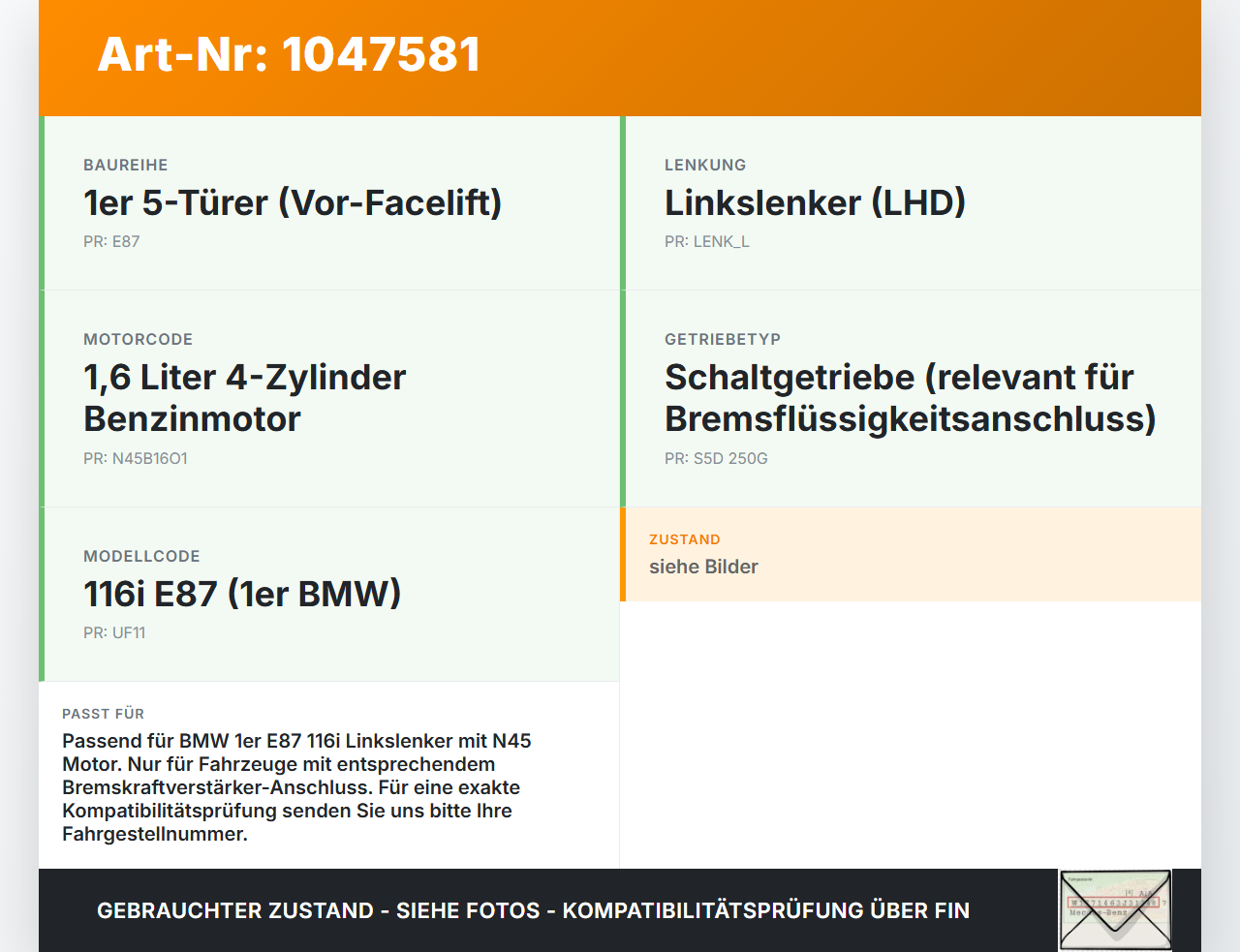 BMW E87 1er 116i 04-07 Hauptbremszylinder Bremszylinder BMW E87 1er 116i 04-07 28.09.2005 6785662 34336785662 gebraucht Vorschau 3