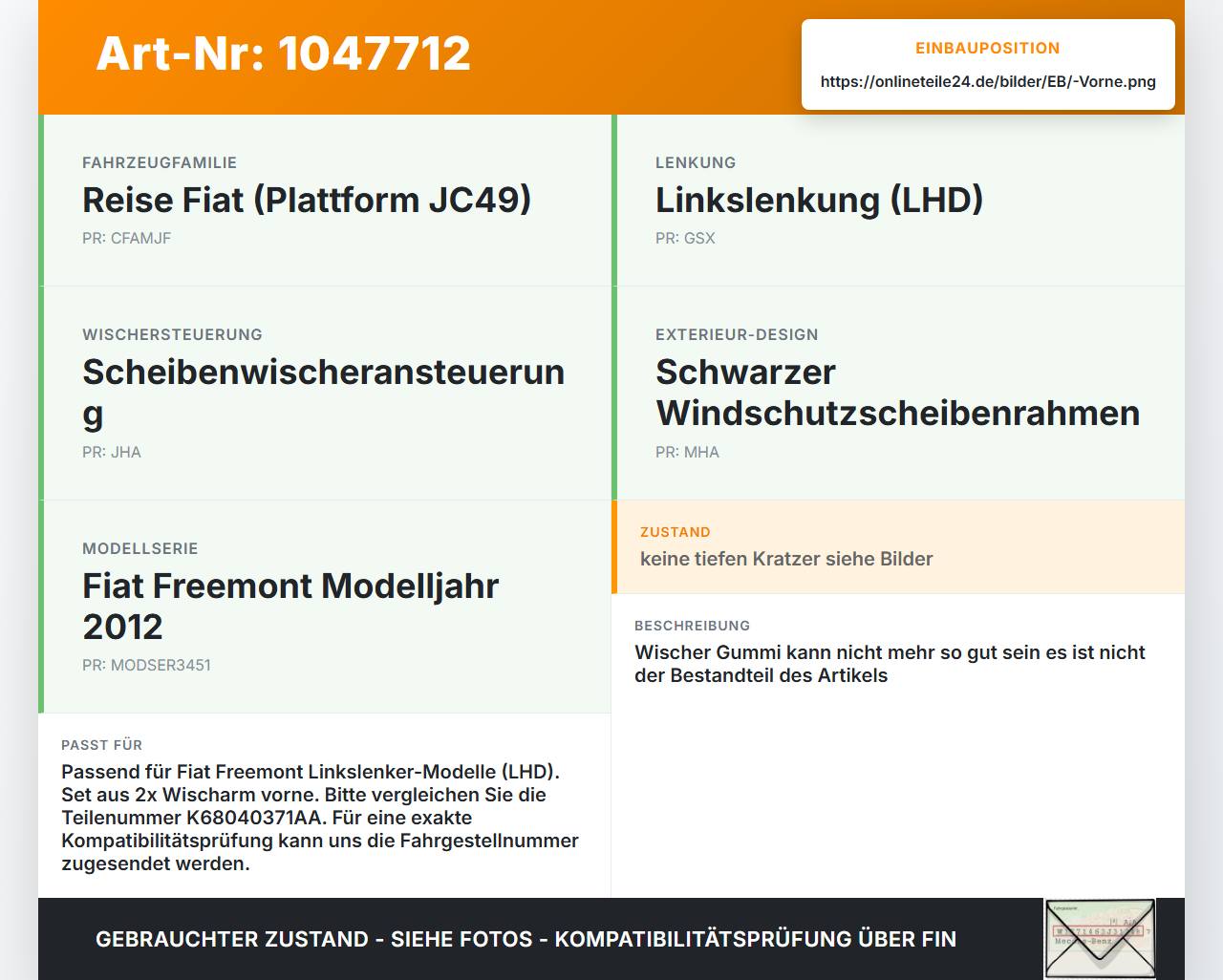Fiat Freemont 11-16 2x Scheibenwischer Wischarm Vorne Fiat Freemont 11-16 05.01.2012  K68040371AA gebraucht Vorschau 3