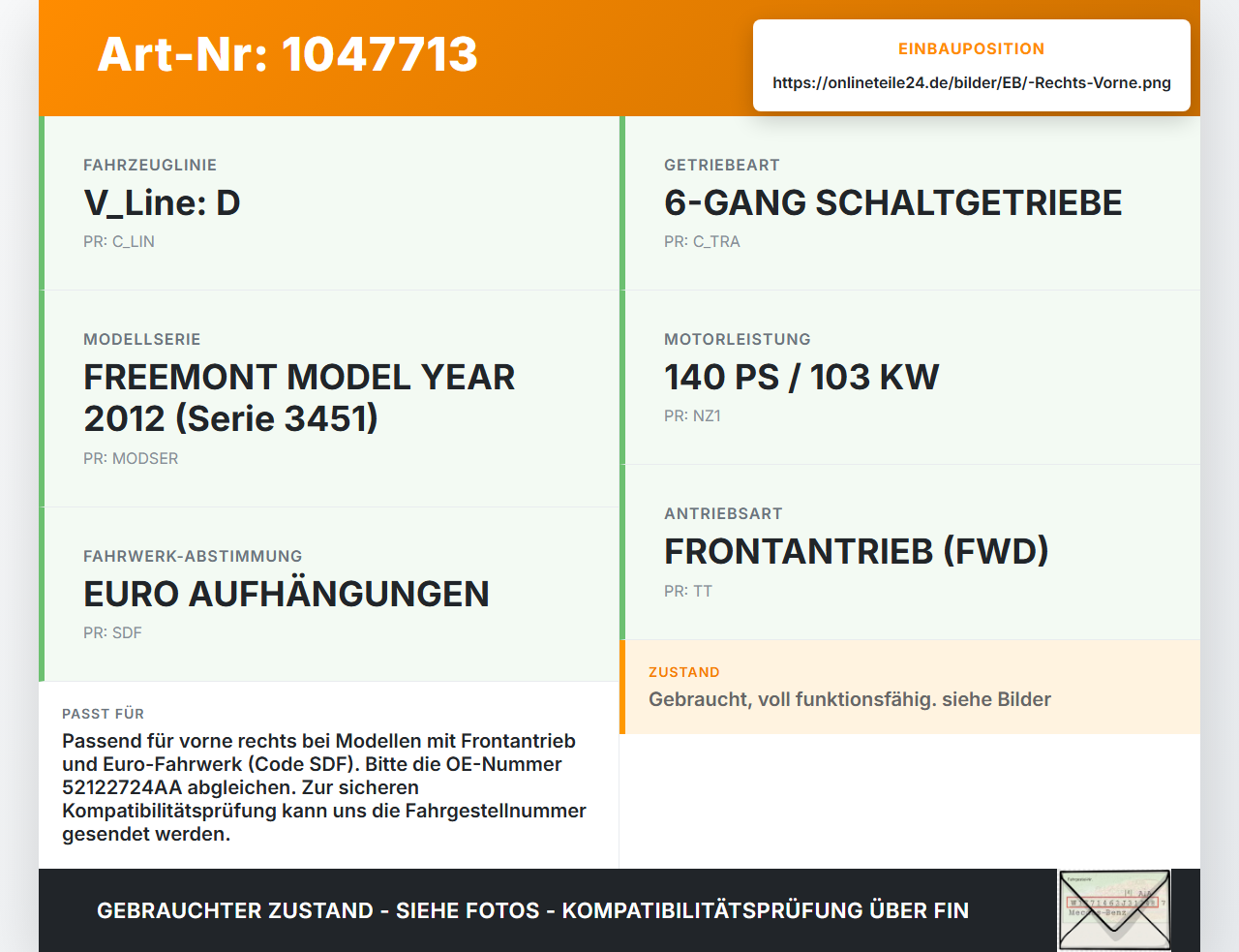 Fiat Freemont 11-16 Kombi Stossdämpfer Federbein Vorne Rechts Fiat Freemont 11-16 05.01.2012  K68043990AD... Vorschau 3