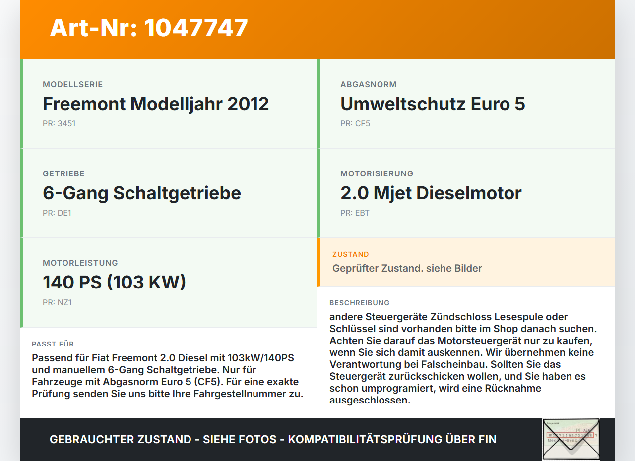 Fiat Freemont 11-16 Mjet 2,0DS 103KW Steuergerät ECU für Motor Motorsteuergerät Fiat Freemont 11-16 05.01.2012 ... Vorschau 3