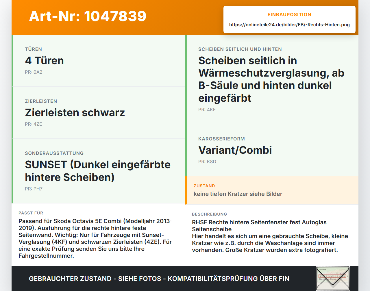 Skoda Octavia VRS III 5E 12-16 Kombi Seitenscheibe Feste Scheibe Rechts Hinten Orig. Skoda Octavia VRS III 5E 12-16... Vorschau 3