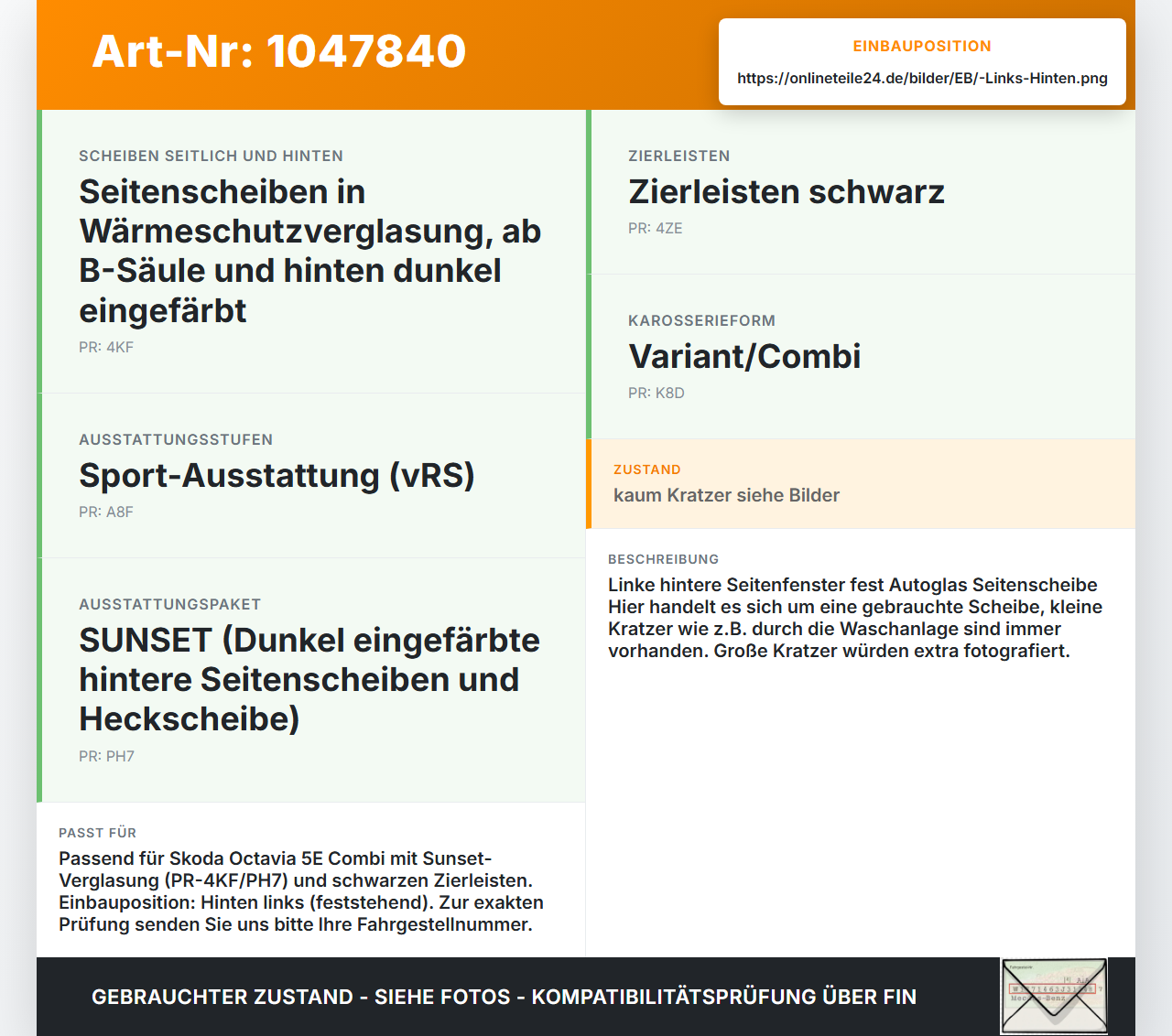 Skoda Octavia VRS III 5E 12-16 Kombi Seitenscheibe Feste Scheibe Links Hinten Orig. getönt Skoda Octavia VRS III 5E... Vorschau 3