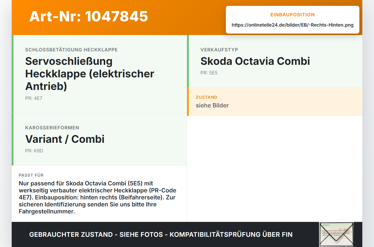 Skoda Octavia VRS III 5E 12-16 Kombi Elektrischer Spindelantrieb Heckklappe Gasdruckfeder Rechts Hinten Skoda... Vorschau 3