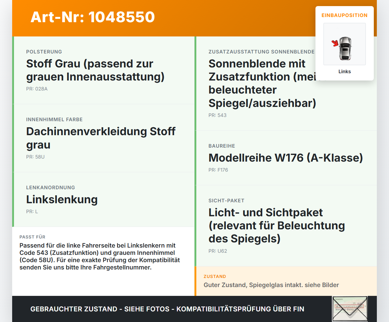 Mercedes W176 A200 12-15 Sonnenblende Links für Fahrer Mercedes W176 A200 12-15 05.11.2012 A1768100110 gebraucht Vorschau 3