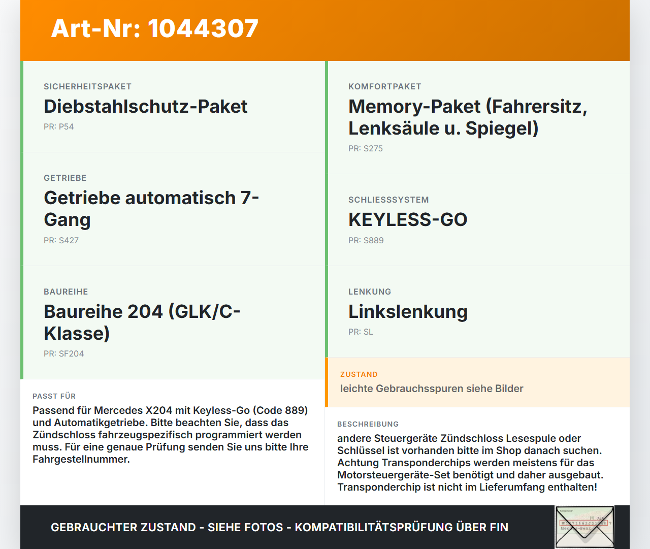 Mercedes X204 08-12 Zündschloss 2x Schlüssel Mercedes X204 08-12 04.12.2009 A2075450408 A2075450308 33003214... Vorschau 3