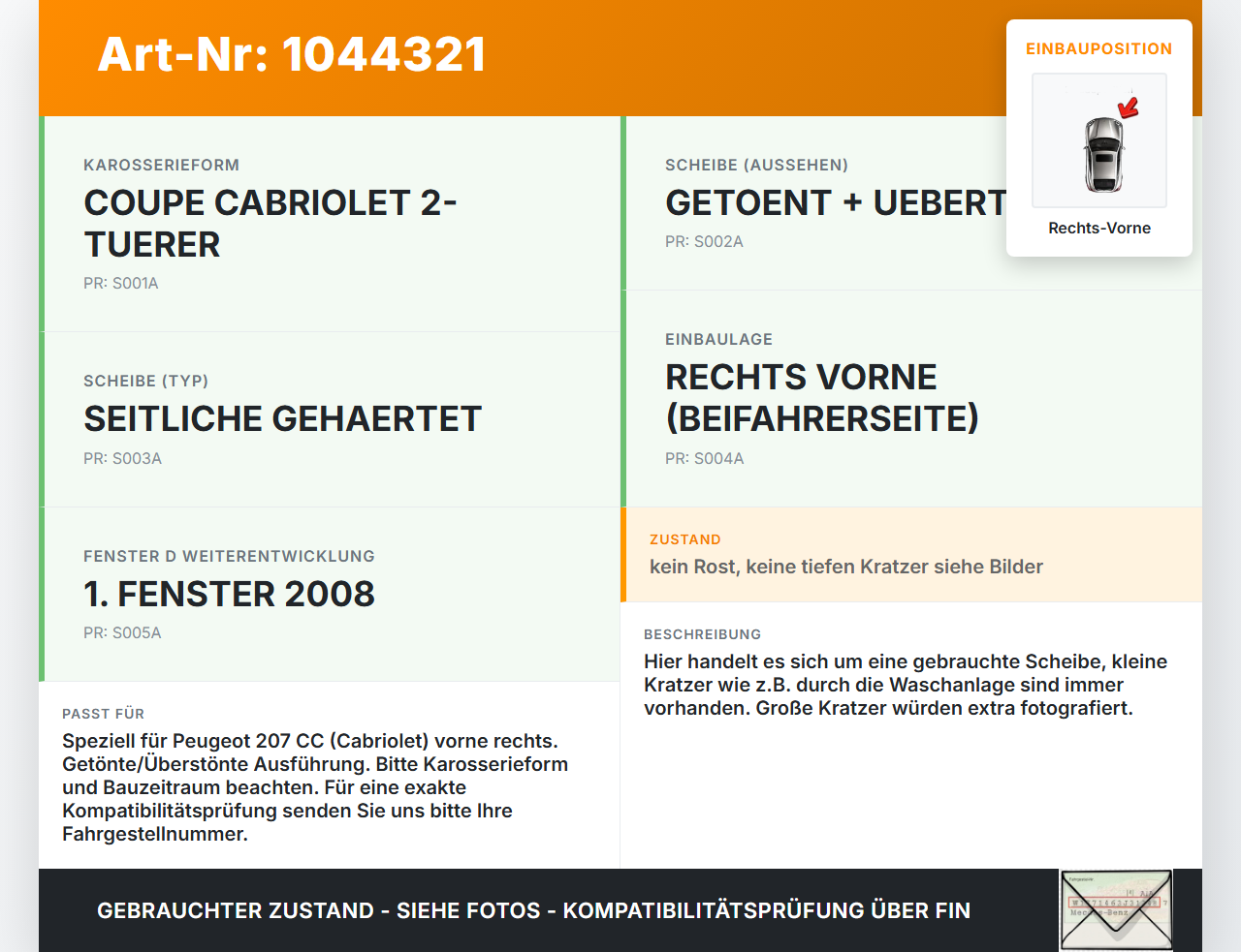Peugeot 207 CC 07-09 Cabriolet RV Dreieck Seitenscheibe Türscheibe Rechts Vorne Peugeot 207 CC 07-09 30.09.2008... Vorschau 3