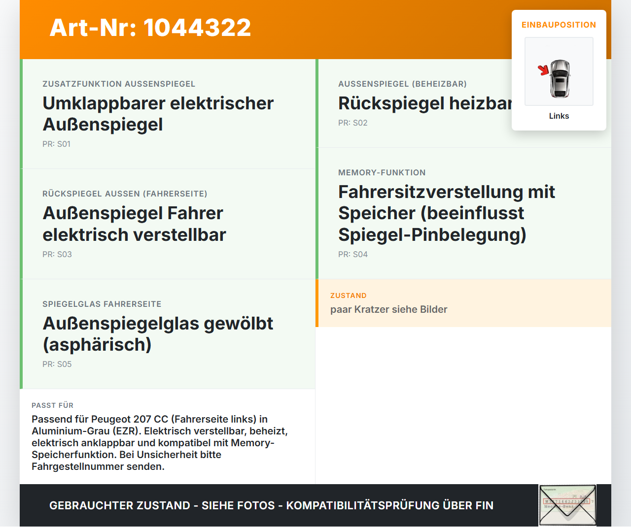 Peugeot 207 CC 07-09 Spiegel Aussenspiegel Links elektr beheizt EZR Peugeot 207 CC 07-09 30.09.2008 96807037XT gebraucht Vorschau 3