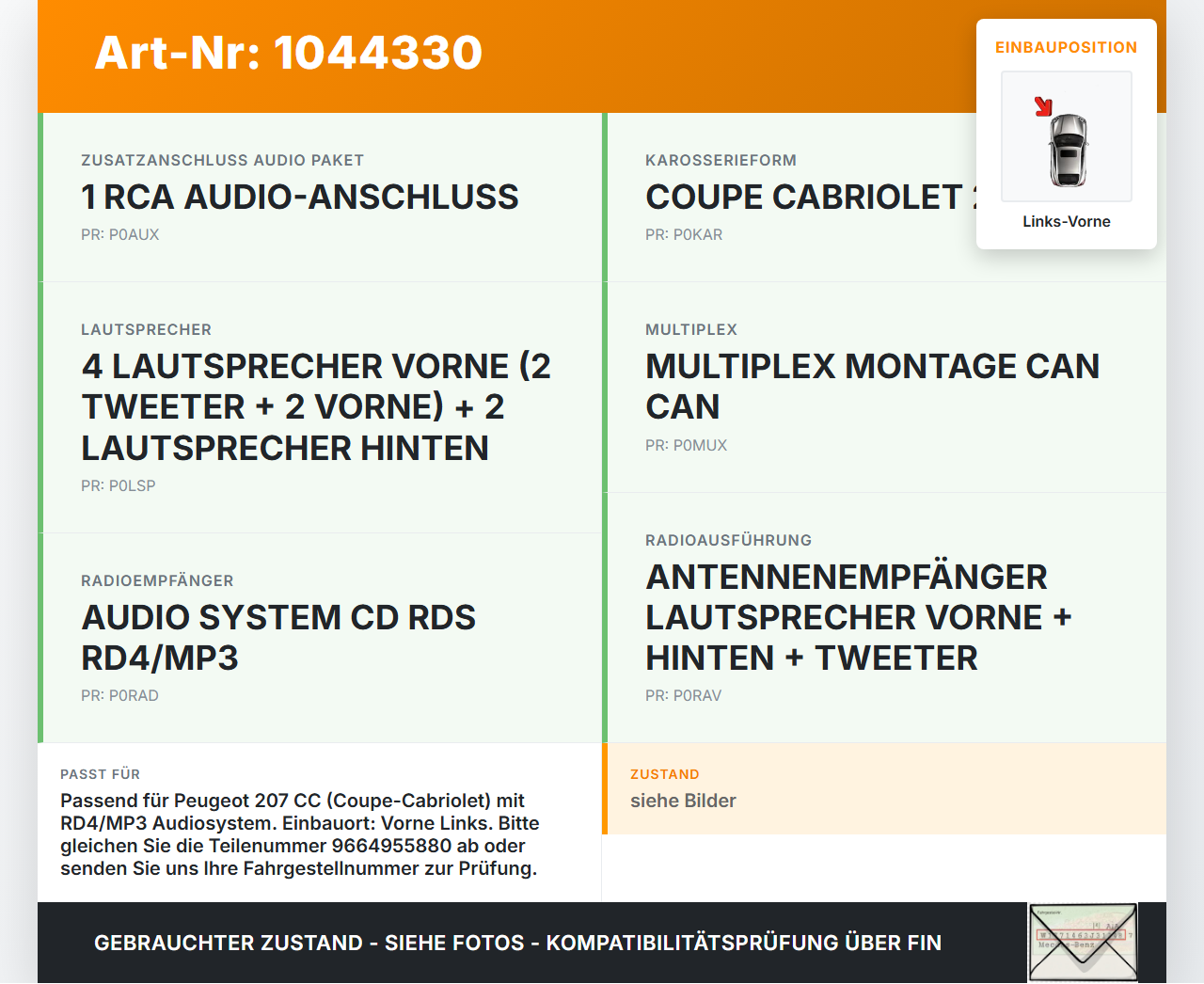 Peugeot 207 CC 07-09 Lautsprecher Links Vorne Peugeot 207 CC 07-09 30.09.2008 9664955880 90016431704 gebraucht Vorschau 3