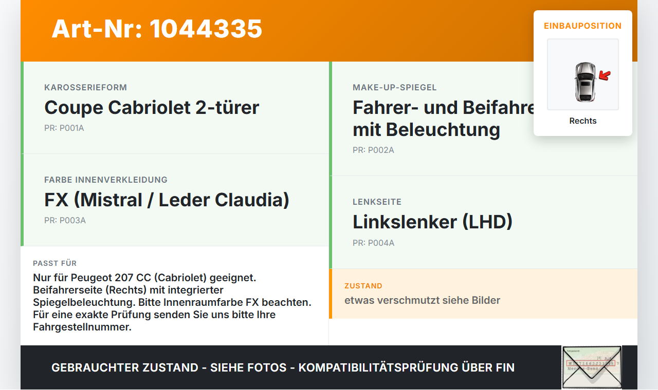 Peugeot 207 CC 07-09 Sonnenblende Rechts für Beifahrer Peugeot 207 CC 07-09 30.09.2008 gebraucht Vorschau 3