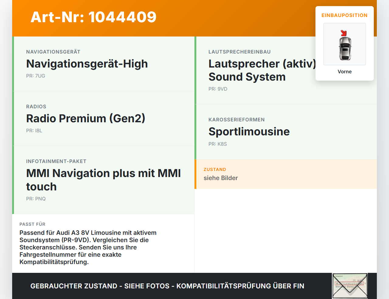 Audi A3 8V 8VS 16-20 TDI 2,0 110KW Lautsprecher Vorne Mitte Audi A3 8V 8VS 16-20 18.12.2019 8V0035397 64761YPK gebraucht Vorschau 3