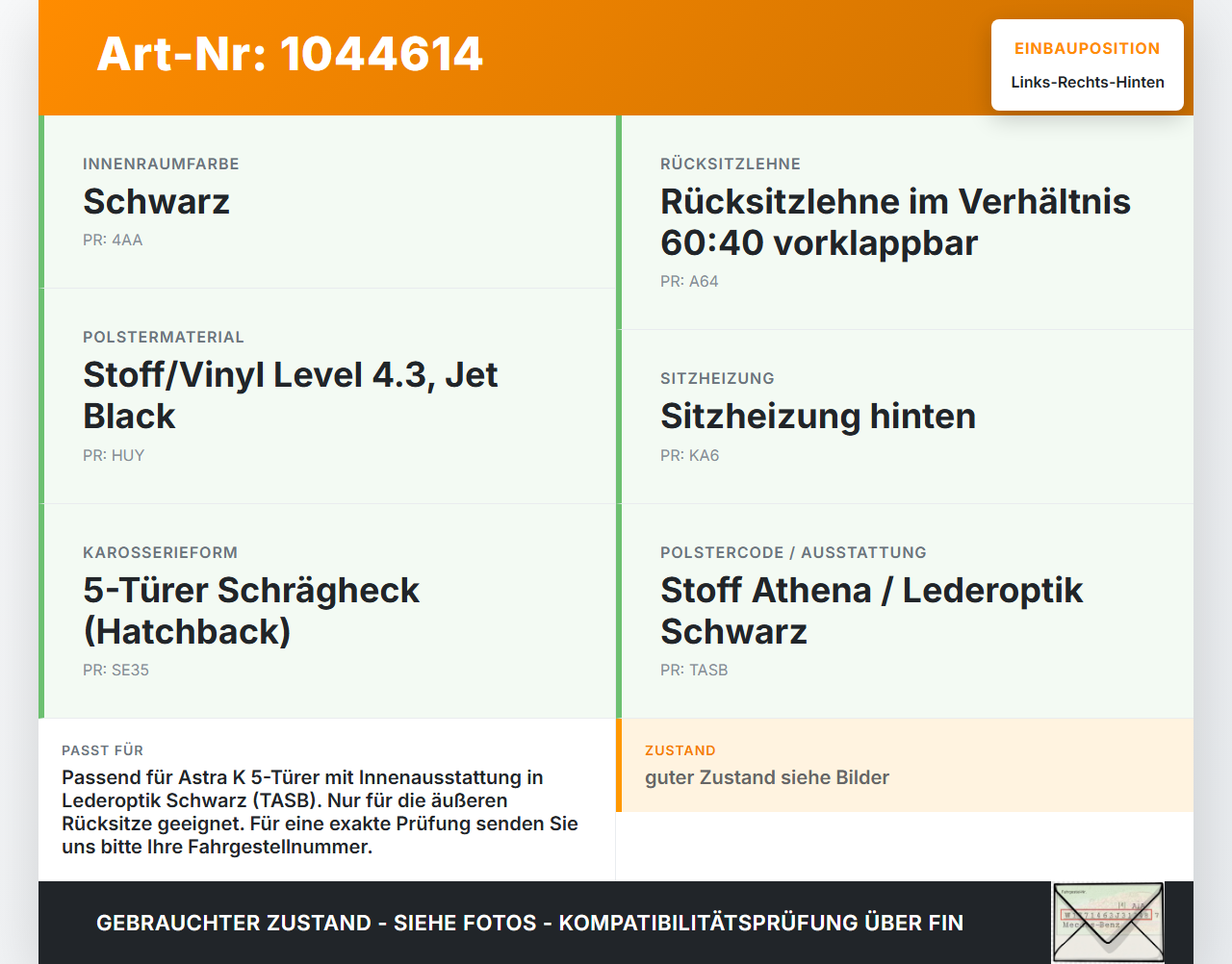 Opel Astra K B16 15-19 Kopfstütze Rechts oder Links Hinten Leder Opel Astra K B16 15-19 07.06.2017 gebraucht Vorschau 3
