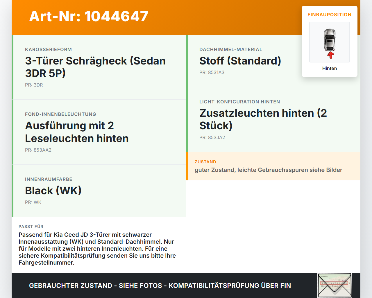 Kia Ceed JD 12-15 Innenleuchte Innenraumleuchte Hinten Kia Ceed JD 12-15 03.05.2013 gebraucht Vorschau 3