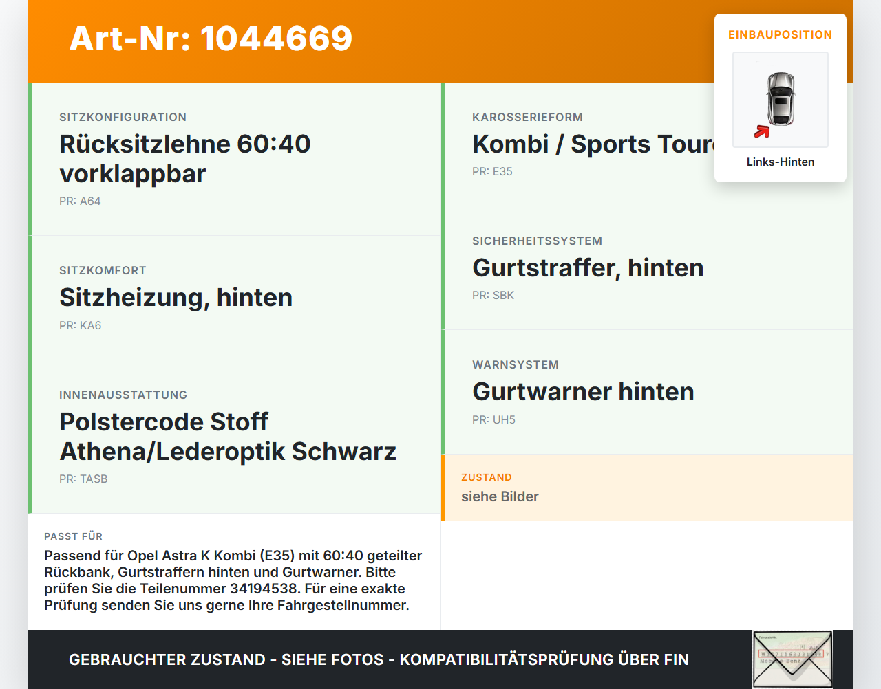 Opel Astra K B16 15-19 Kombi Gurtschloss Links und Mitte Hinten Opel Astra K B16 15-19 07.06.2017 13409377 34194538... Vorschau 3