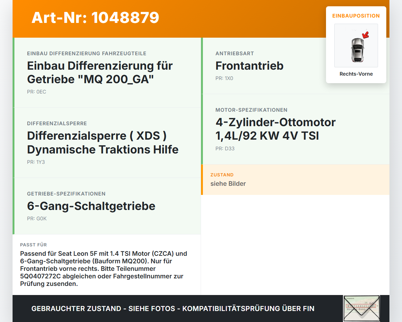 Seat Leon 5F 12-16 TSI 1,4 80KW Antriebswelle Gelenkwelle Rechts Vorne Seat Leon 5F 12-16 17.12.2015 5Q0407272C... Vorschau 3