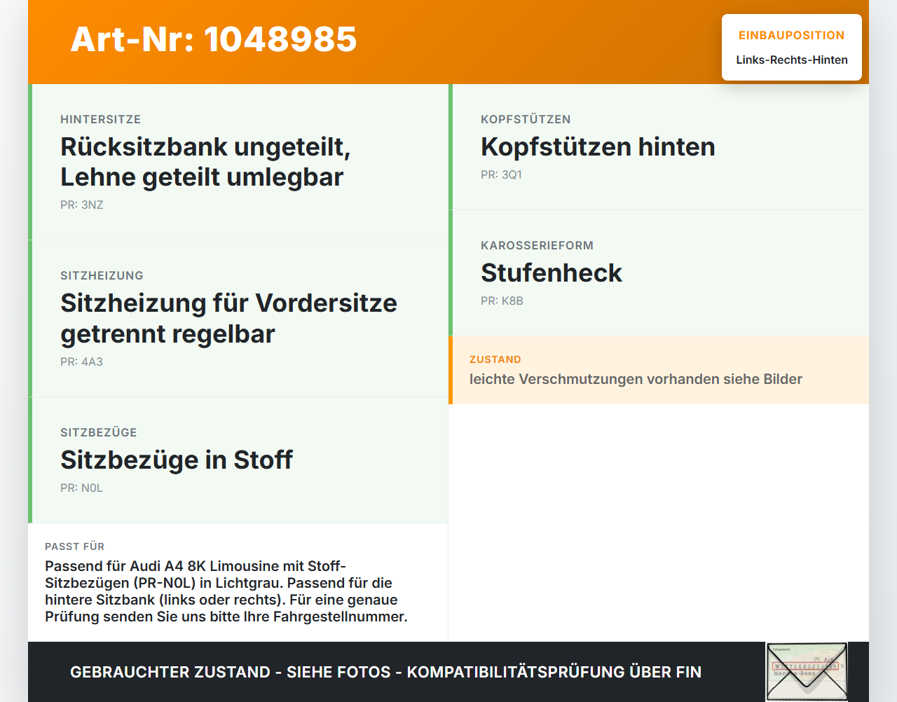 Audi A4 8K 07-11 Kopfstütze Rechts oder Links Hinten Audi A4 8K 07-11 08.06.2009 8K0885973AL gebraucht Vorschau 3