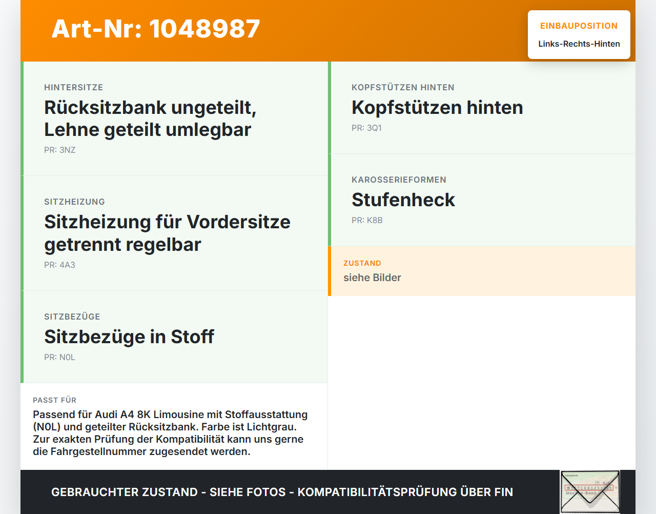Audi A4 8K 07-11 Kopfstütze Rechts oder Links Hinten Audi A4 8K 07-11 08.06.2009 8K0885973AL gebraucht Vorschau 3