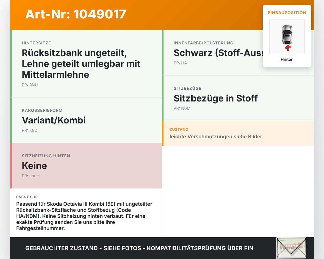 Skoda Octavia III 5E 12-17 Kombi Sitzbezug Sitzpolster für Rücksitzbank Hinten Skoda Octavia III 5E 12-17... Vorschau 3