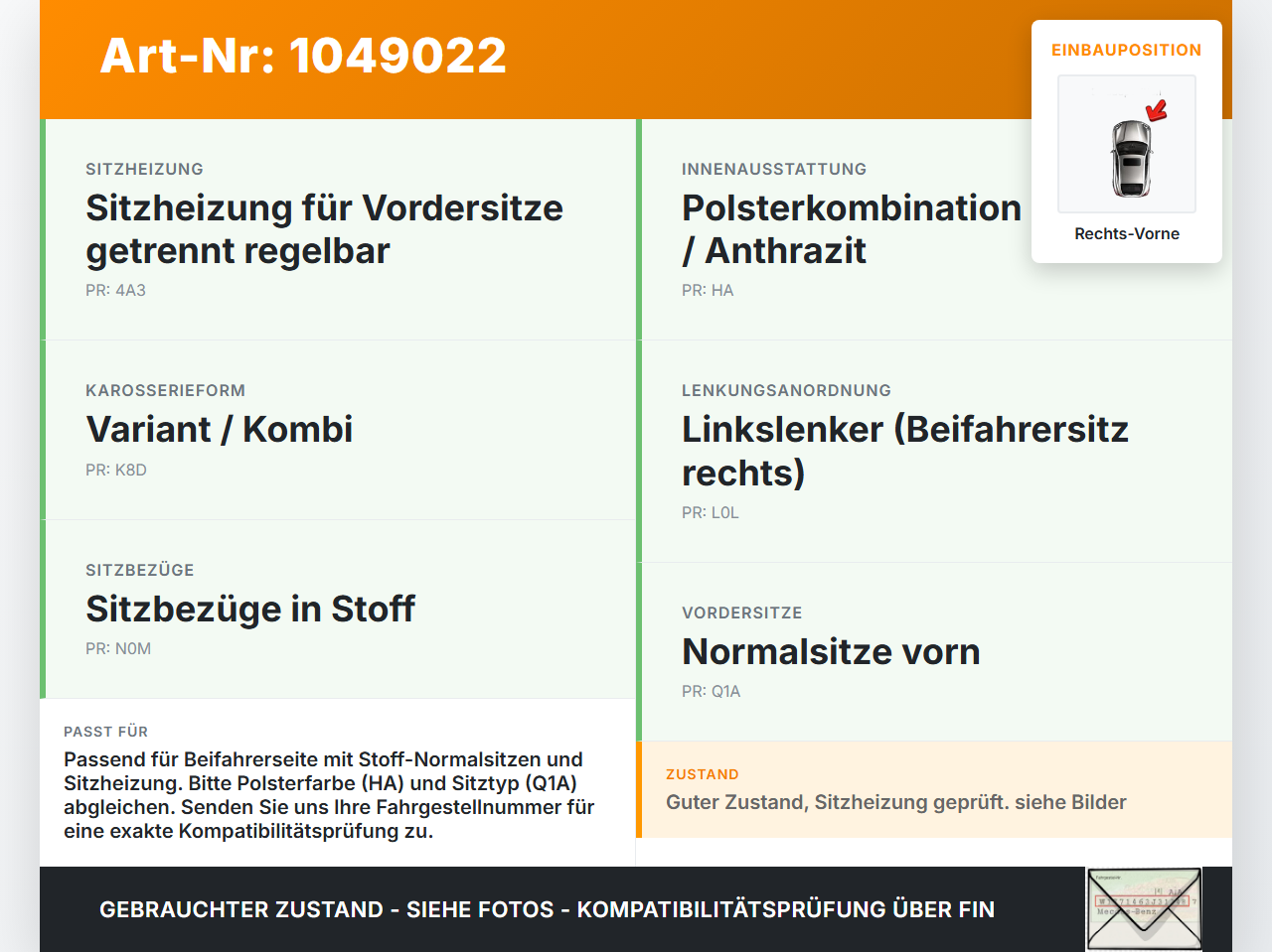 Skoda Octavia III 5E 12-17 Kombi Sitzbezug Sitzpolster für Beifahrersitz Rechts Vorne beheizt Skoda Octavia III 5E... Vorschau 3