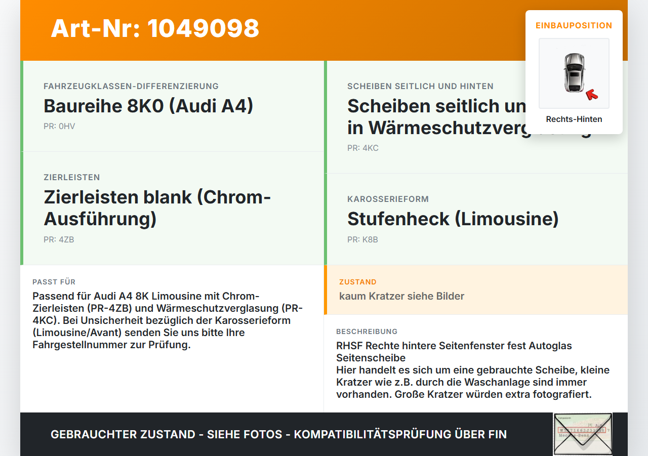 Audi A4 8K 07-11 Lim Seitenscheibe Feste Scheibe Rechts Hinten Audi A4 8K 07-11 08.06.2009 8K5845300G gebraucht Vorschau 3