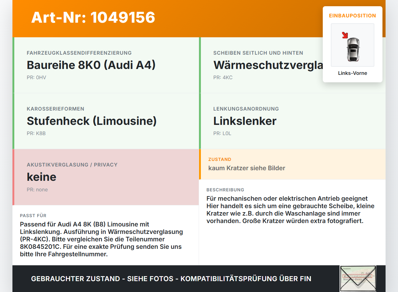 Audi A4 8K 07-11 Lim Seitenscheibe LVK Fenster Türscheibe Links Vorne Audi A4 8K 07-11 08.06.2009 8K0845201C gebraucht Vorschau 3