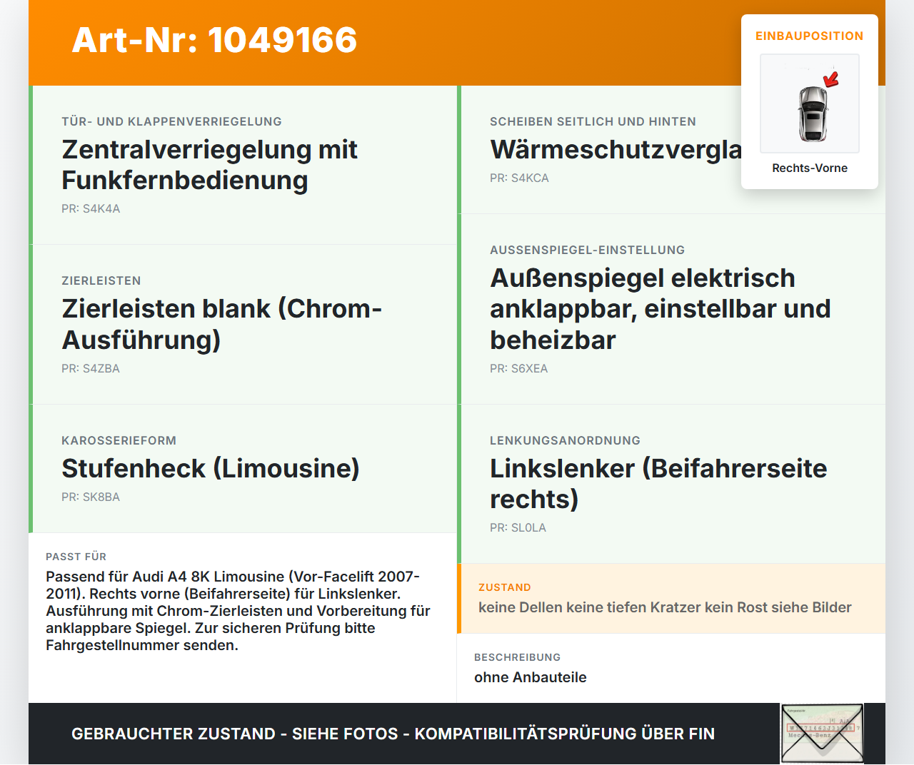 Audi A4 8K 07-11 Lim Tür Beifahrertür Rechts Vorne LY9C Audi A4 8K 07-11 08.06.2009 8K0831052J gebraucht Vorschau 3