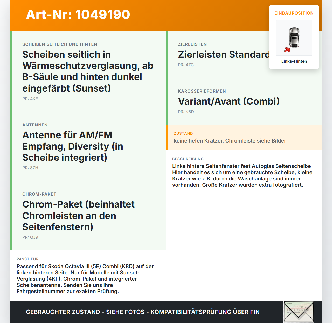 Skoda Octavia III 5E 12-17 Kombi Seitenscheibe Feste Scheibe Links Hinten Orig. getönt Skoda Octavia III 5E 12-17... Vorschau 3