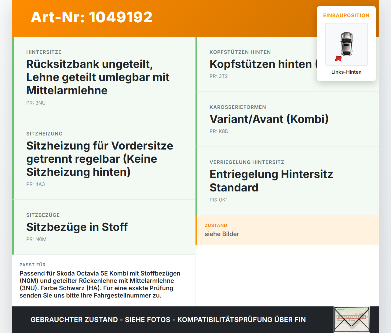 Skoda Octavia III 5E 12-17 Kombi Sitzbezug Rückenpolster Links für Rücksitzbank Hinten Skoda Octavia III 5E 12-17... Vorschau 3