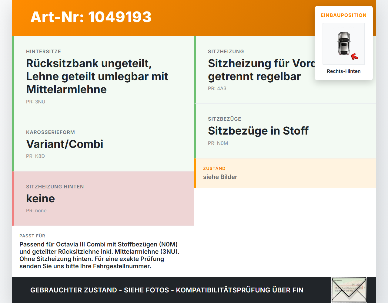 Skoda Octavia III 5E 12-17 Kombi Sitzbezug Rückenpolster Rechts für Rücksitzbank Hinten Skoda Octavia III 5E 12-17... Vorschau 3