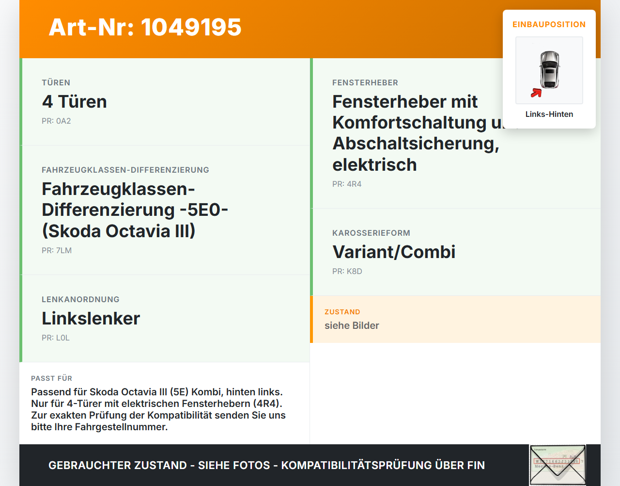 Skoda Octavia III 5E 12-17 Kombi Fensterheber o. FH-Motor Hinten Links Skoda Octavia III 5E 12-17 04.12.2018... Vorschau 3