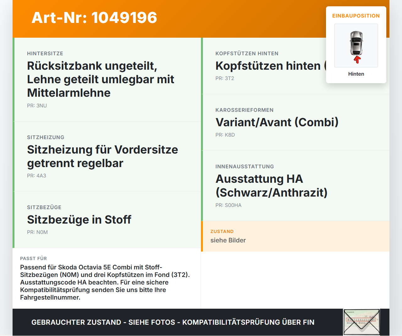 Skoda Octavia III 5E 12-17 Kopfstütze Mitte Hinten Skoda Octavia III 5E 12-17 04.12.2018 5E0885901C gebraucht Vorschau 3