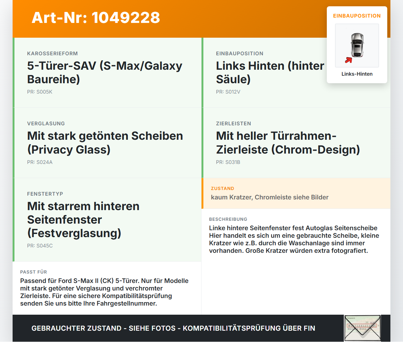 Ford S-Max II CK 15-19 Seitenscheibe Feste Scheibe Links Hinten Ford S-Max II CK 15-19 19.12.2015 EM2B-R29701-AJ... Vorschau 3