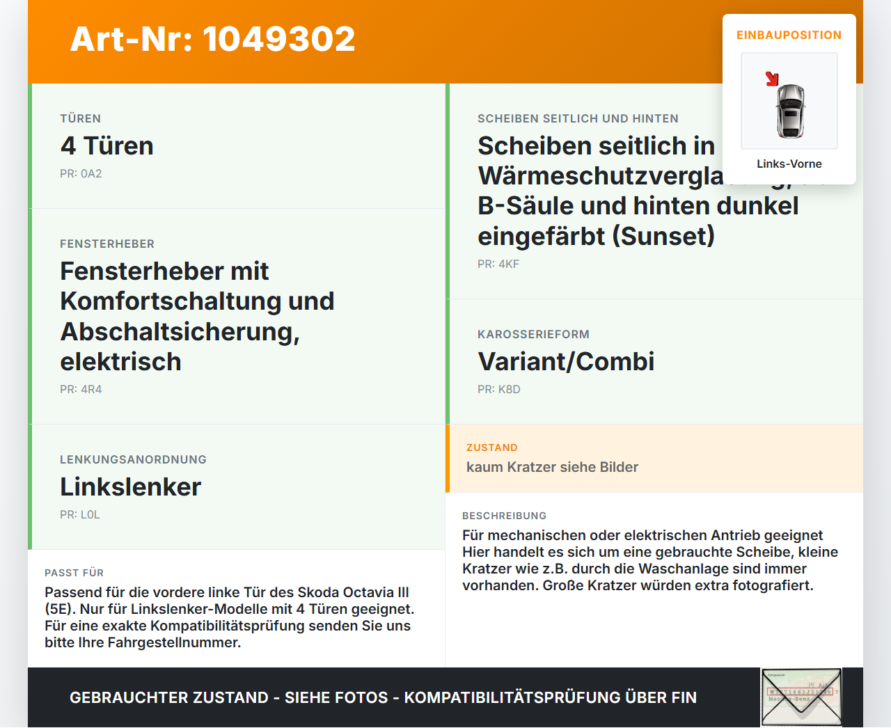 Skoda Octavia III 5E 12-17 Kombi LVK Seitenscheibe Tür Fenster Türscheibe Links Vorne Skoda Octavia III 5E 12-17... Vorschau 3