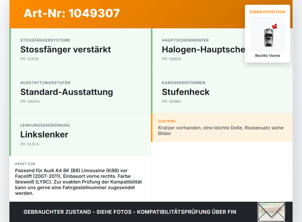 Audi A4 8K 07-11 Kotflügel Rechts Vorne LY9C Audi A4 8K 07-11 08.06.2009 8K0821106A gebraucht Vorschau 3