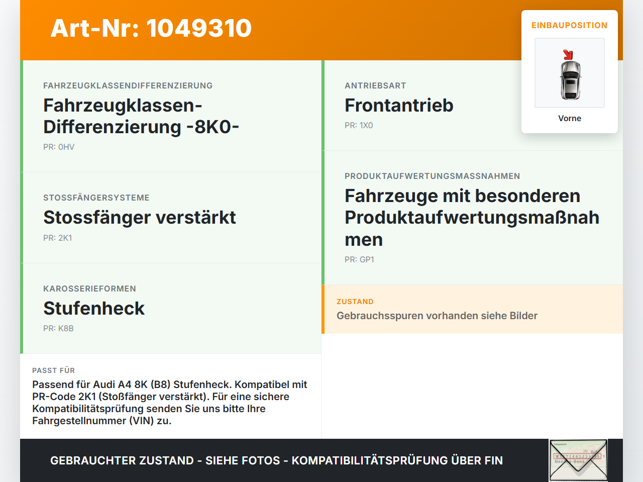 Audi A4 8K 07-11 Stoßstangenträger Stoßfängerträger Querträger Vorne Audi A4 8K 07-11 08.06.2009 8K0807113D gebraucht Vorschau 3