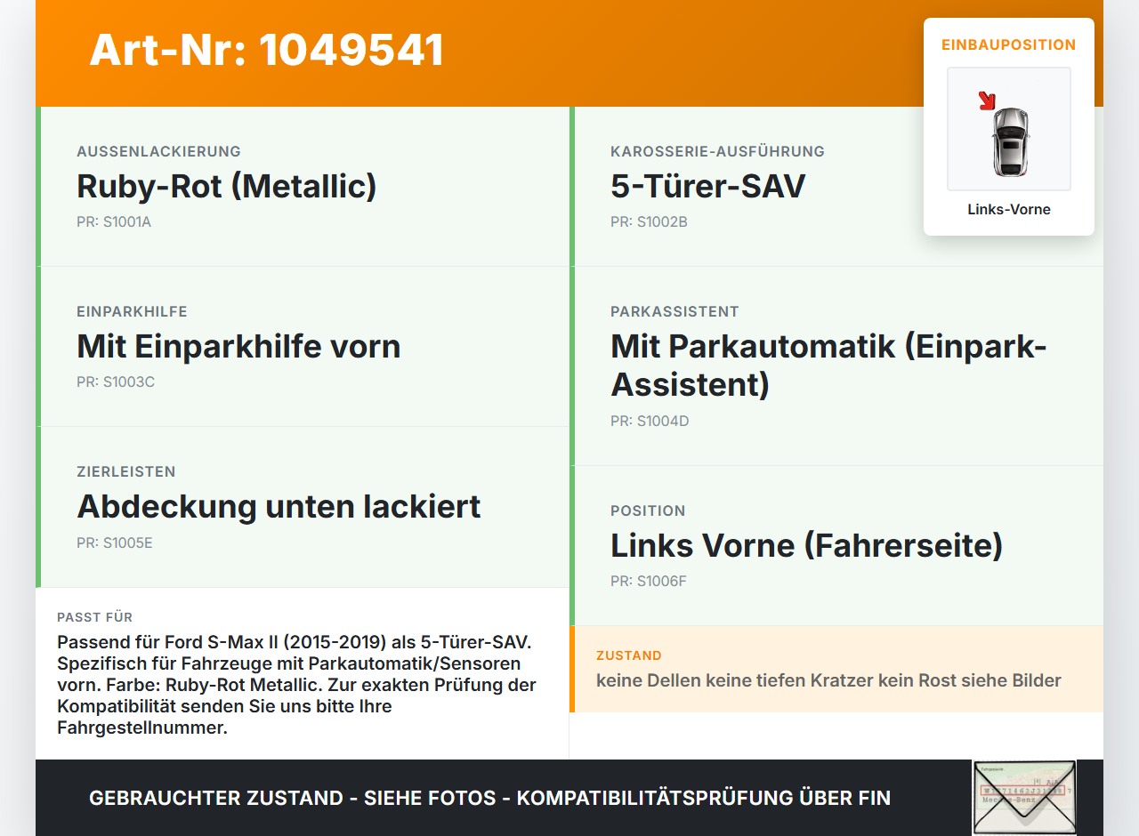 Ford S-Max II CK 15-19 Kotflügel Links Vorne KF Ford S-Max II CK 15-19 19.12.2015 EM2B-R16006-AE gebraucht Vorschau 3
