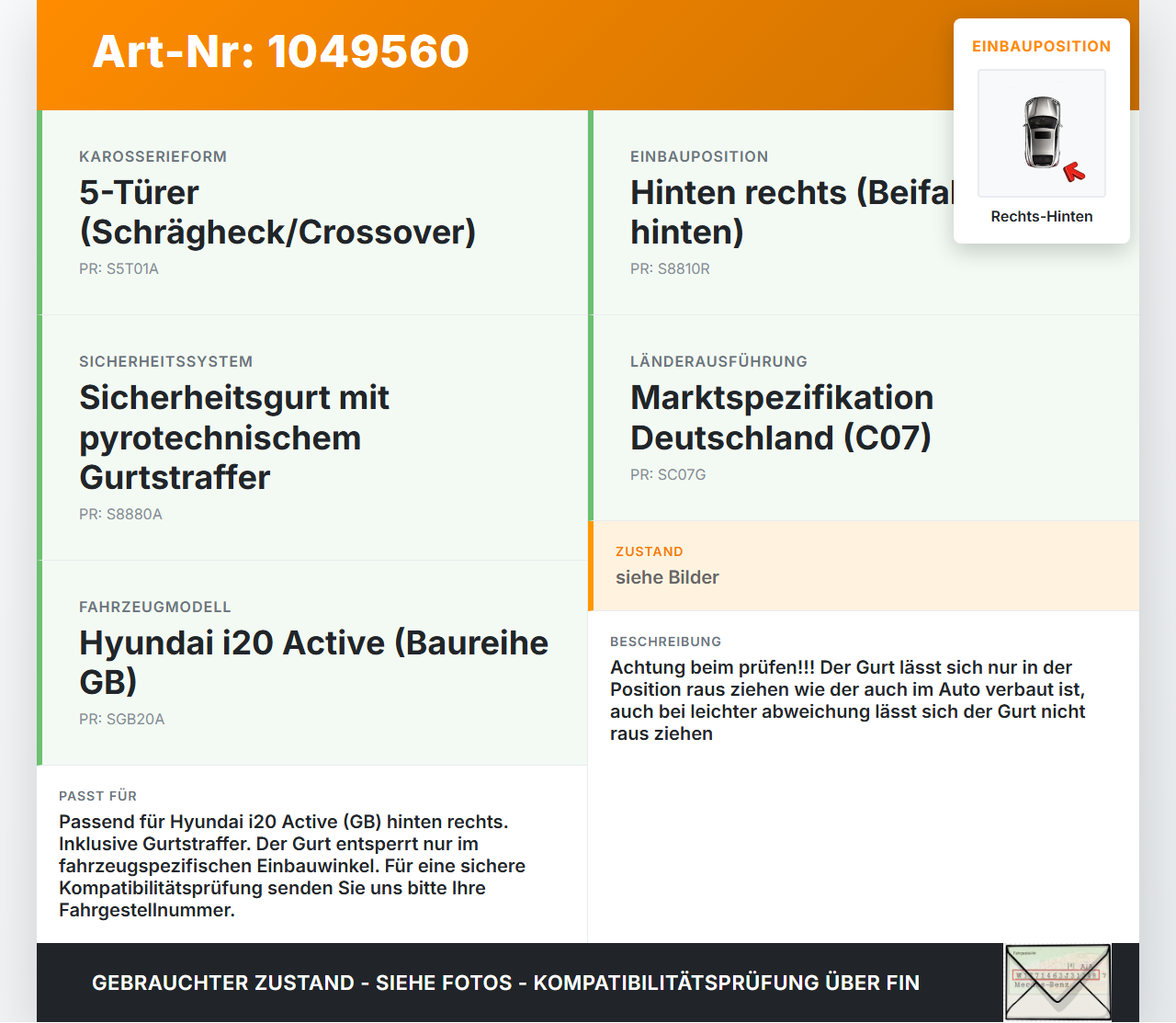Hyundai I20 Active GB 13-16 Gurt Sicherheitsgurt Gurtstraffer Rechts Hinten Hyundai I20 Active GB 13-16 13.06.2016... Vorschau 3