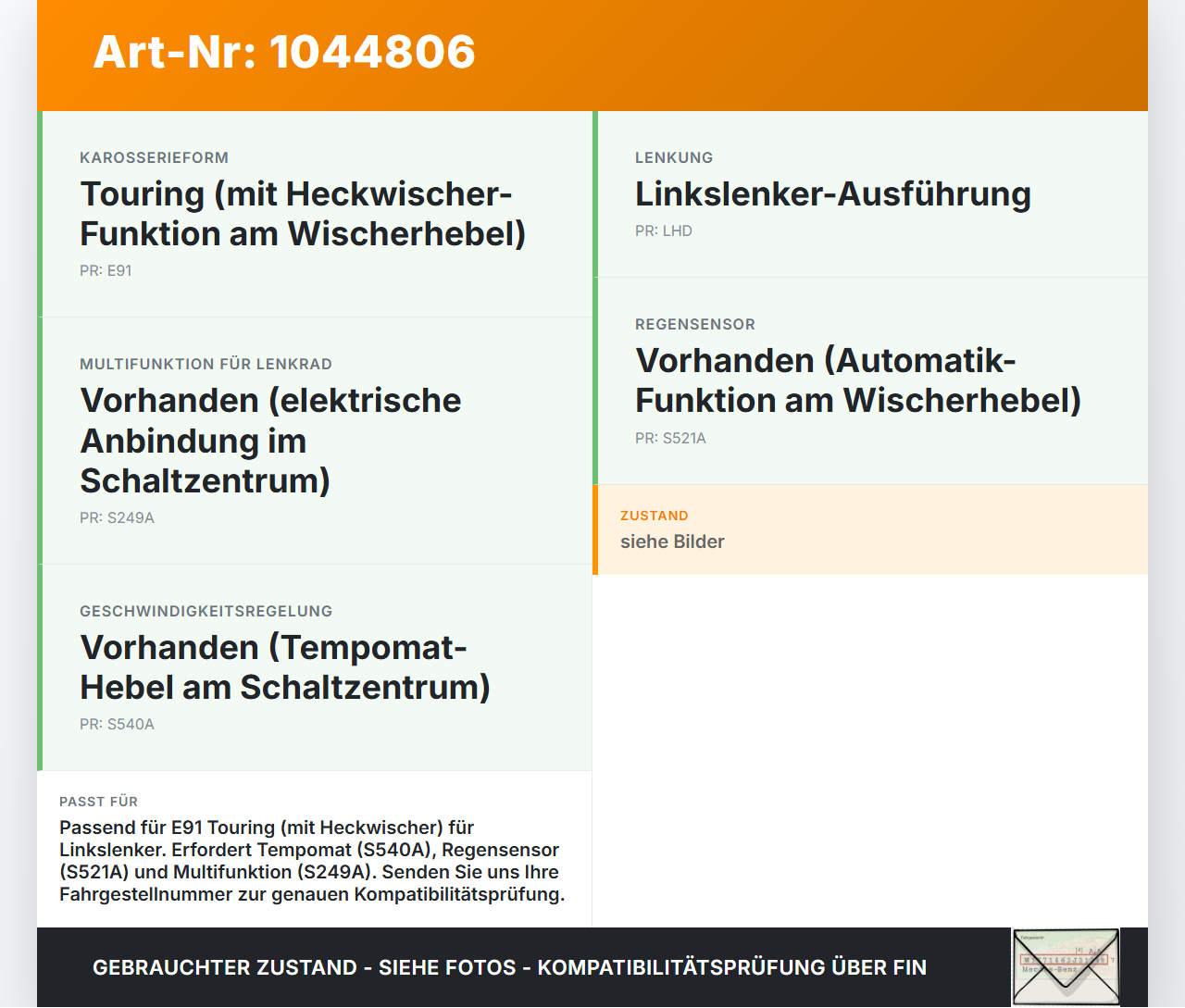 BMW E91 3er 320d 05-08 Lenkstockschalter Blinker Wischer Kombischalter BMW E91 3er 320d 05-08 02.02.2007 9123043... Vorschau 3