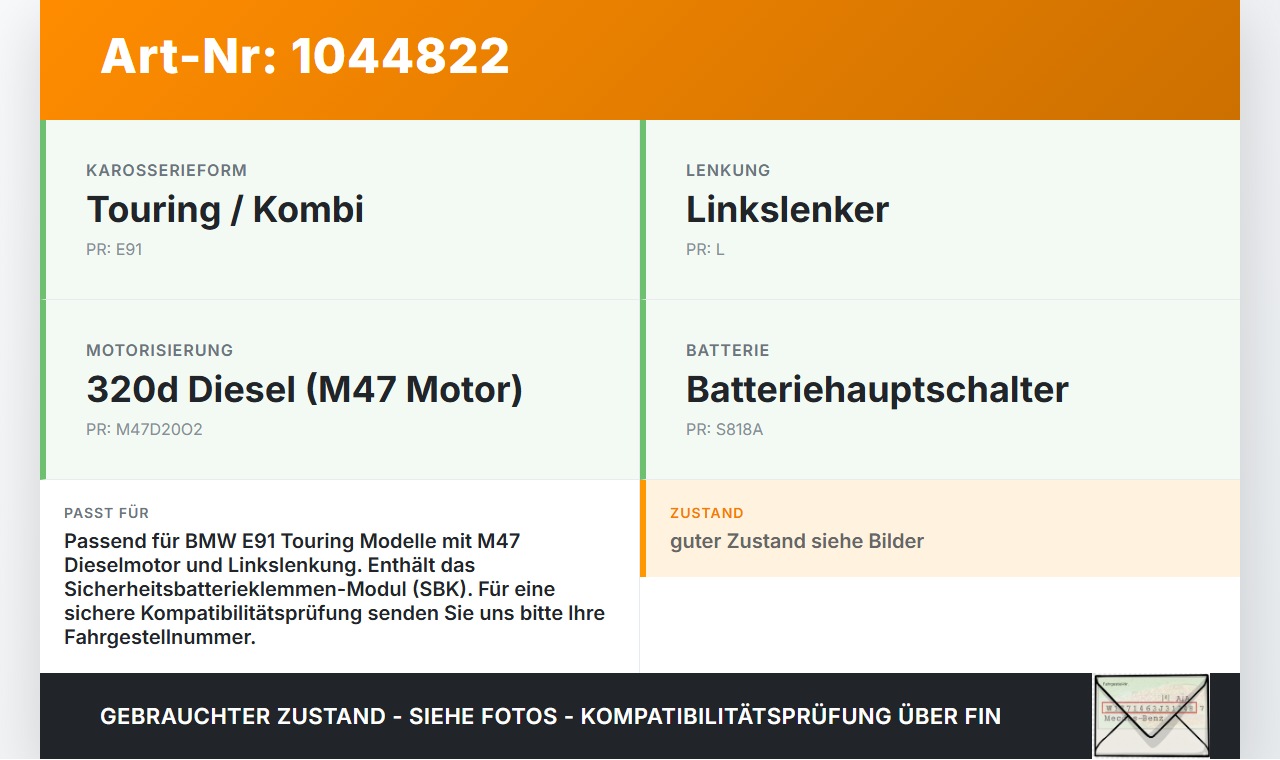 BMW E91 3er 320d 05-08 Kombi Kabelbaum f. Batterie Plus Sicherheitsmodul BMW E91 3er 320d 05-08 02.02.2007 9217031... Vorschau 3