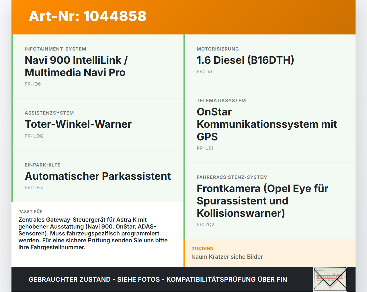 Opel Astra K B16 15-19 Steuergerät ECU Modul Gateway SG Opel Astra K B16 15-19 07.06.2017 13514855 F00HJ01659 gebraucht Vorschau 3
