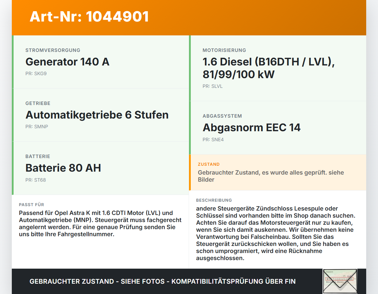 Opel Astra K B16 15-19 CDTI 1,6 81KW Steuergerät ECU für Motor Motorsteuergerät Opel Astra K B16 15-19 07.06.2017... Vorschau 3