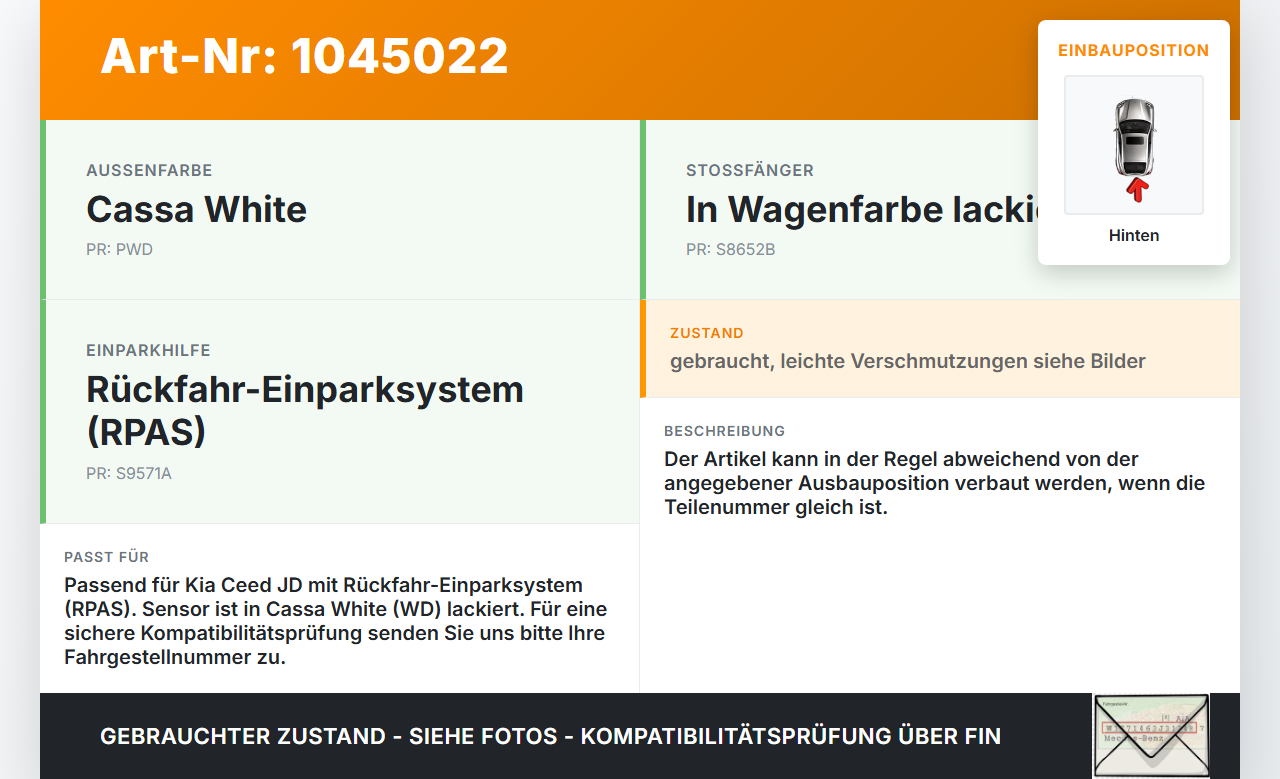 Kia Ceed JD 12-15 Abstands Sensor Parksensor PDC Hinten Pos.1 Aussen WD Kia Ceed JD 12-15 03.05.2013 95720-A2200... Vorschau 3
