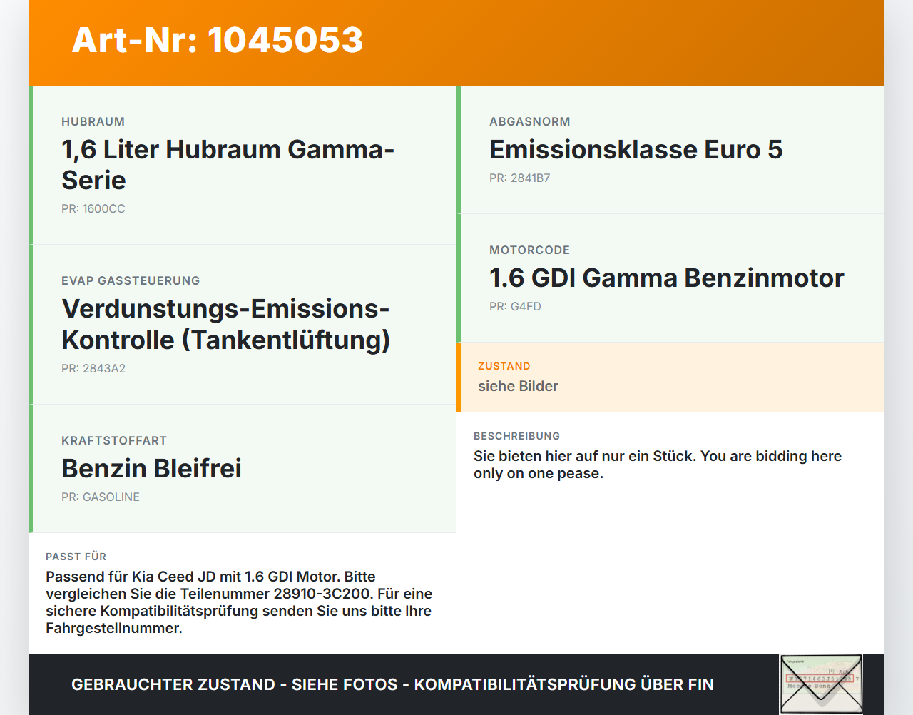 Kia Ceed JD 12-15 1,6 99KW Magnetventil Kia Ceed JD 12-15 03.05.2013 28910-3C200 9044060001 gebraucht Vorschau 3