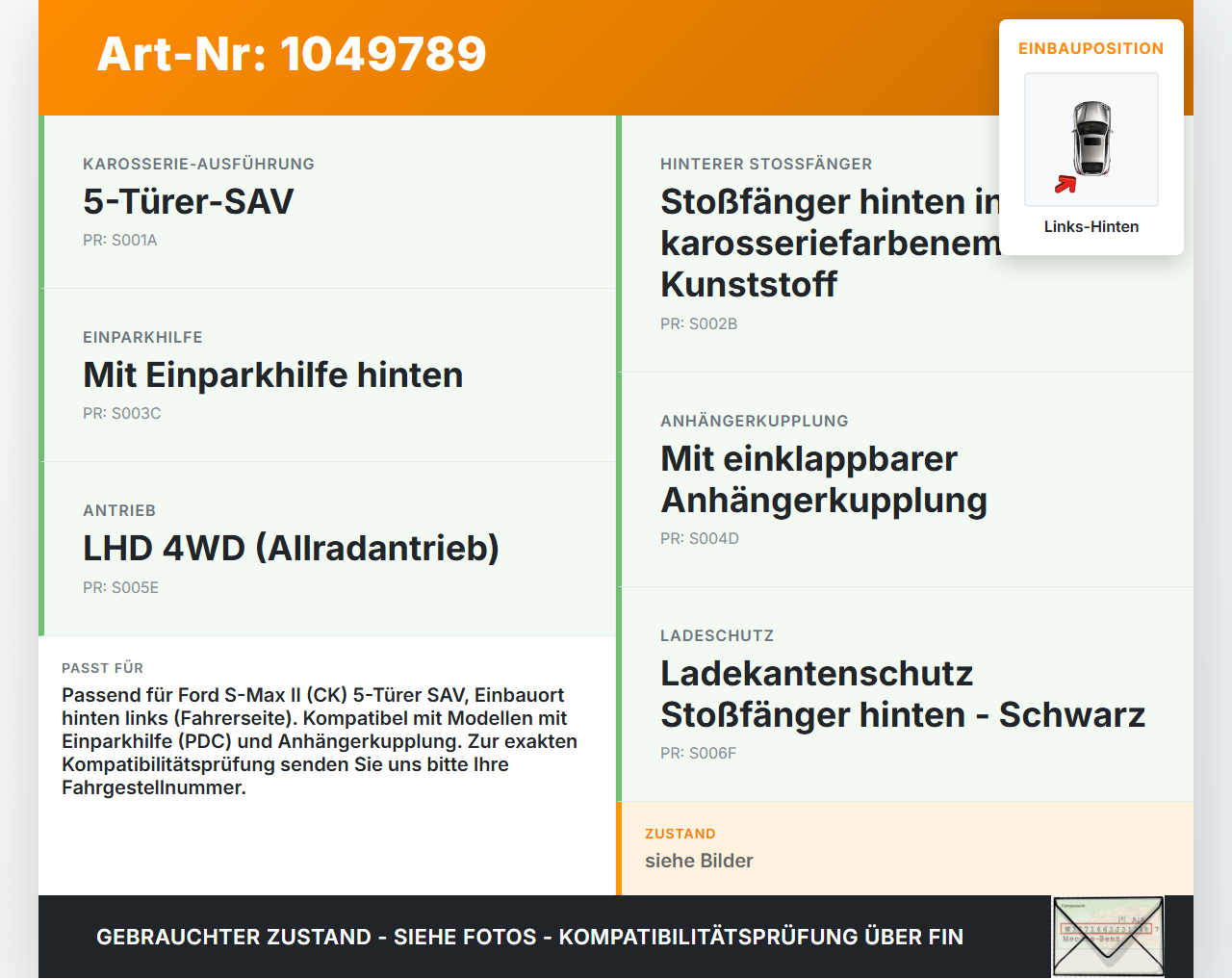 Ford S-Max II CK 15-19 Halter Träger Aufnahme Führung für Stoßstange Links Hinten Ford S-Max II CK 15-19 19.12.2015... Vorschau 3