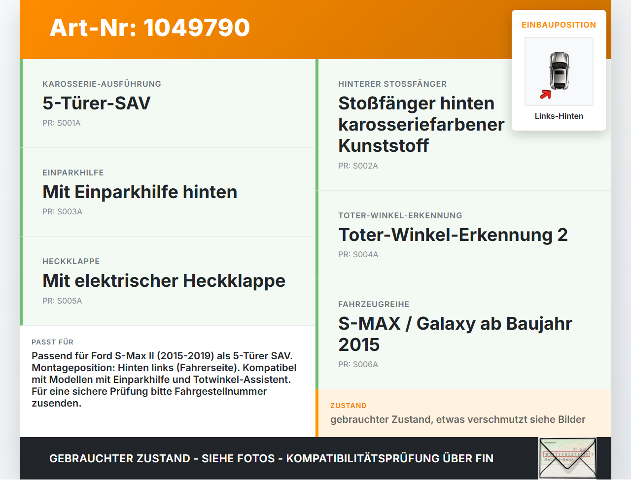 Ford S-Max II CK 15-19 Halter Träger Aufnahme Führung für Stoßstange Links Hinten Ford S-Max II CK 15-19 19.12.2015... Vorschau 3