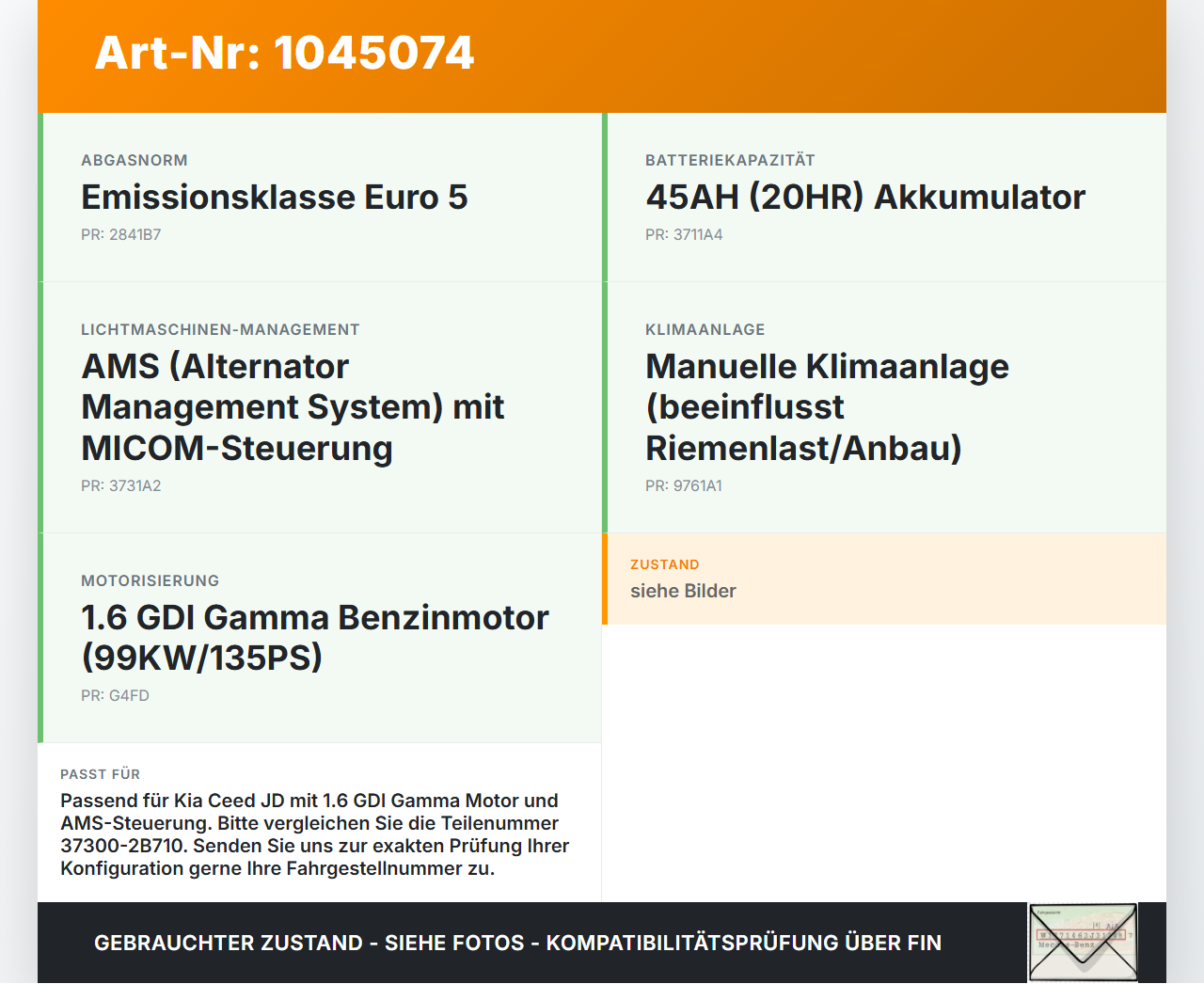 Kia Ceed JD 12-15 1,6 99KW Lichtmaschine Generator 90A Kia Ceed JD 12-15 03.05.2013 2617585 37300-2B710 gebraucht Vorschau 3