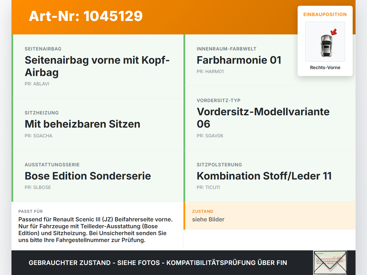Renault Scenic III JZ 09-12 Sitzbezug Rückenpolster Rechts Vorne für Beifahrer Sitz beheizt Renault Scenic III JZ... Vorschau 3