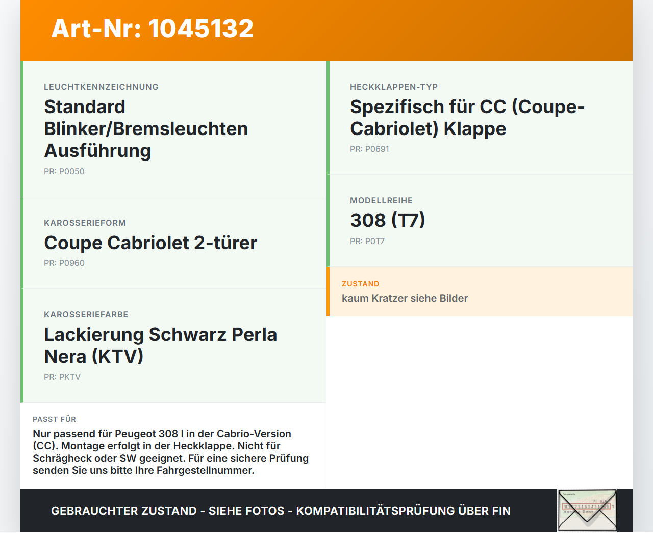 Peugeot 308 I CC 11-15 Cabrio Bremslicht 3. Bremsleuchte für Klappe Peugeot 308 I CC 11-15 20.04.2012 gebraucht Vorschau 3
