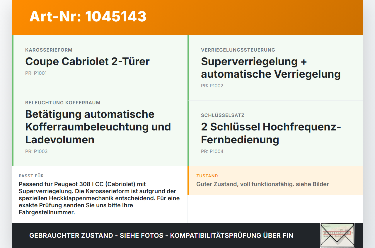 Peugeot 308 I CC 11-15 Cabrio Schloss f. Heckklappe Heckklappenschloss Verriegelung Peugeot 308 I CC 11-15... Vorschau 3